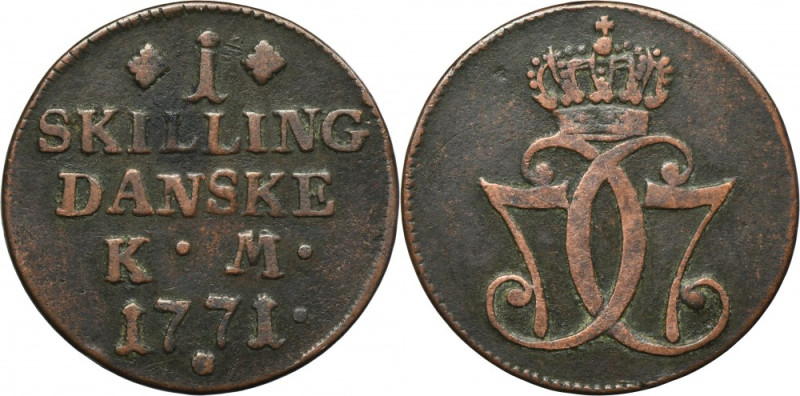 Denmark, Christian VII, 1 Skilling Dansk 1771 Variety without error in the legen...