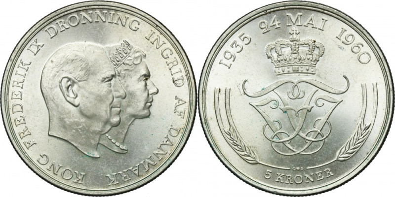 Denmark, Frederick IX, 5 Kroner Copenhagen 1960 - Silver Wedding Anniversary Iss...
