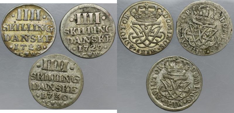 Lot, Denmark, Frederick IV, 4 Skilling Dansk Copenhagen 1728-1730 (3 pcs.) Lot o...