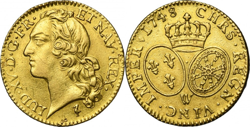 France, Louis XV, Louis d'Or au bandeau Lille 1748 W Variety with letter W under...