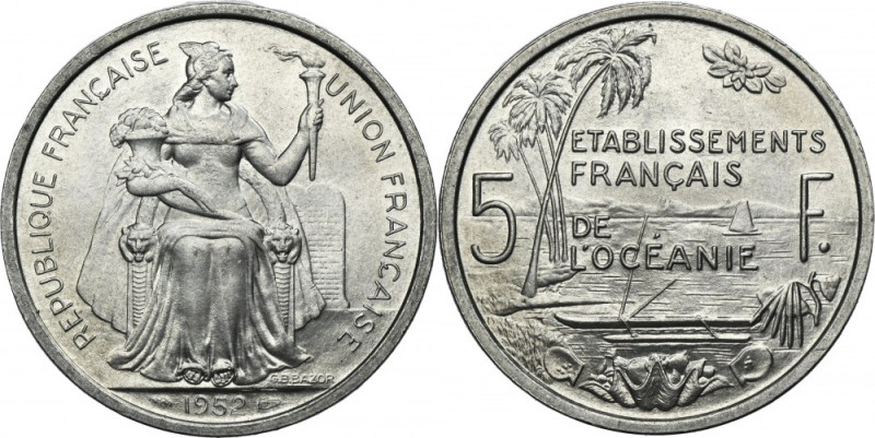 French Polynesia, 5 Francs Paris 1952 French issue for French Polynesia. Carthwe...