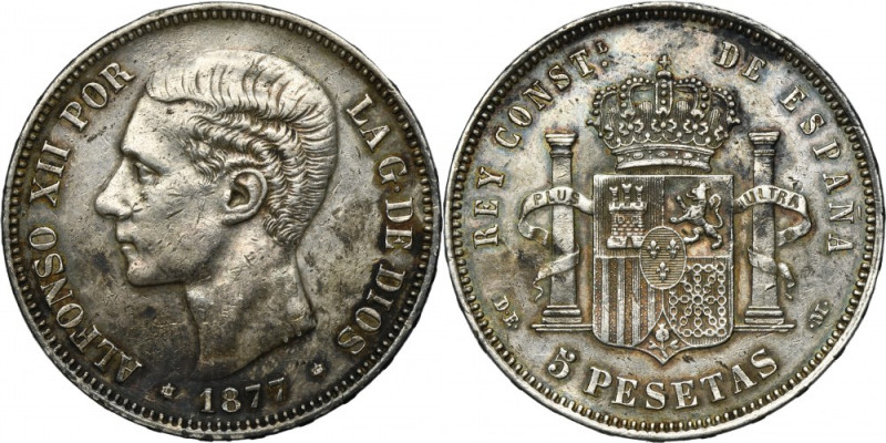 Spain, Alfonso XII, 5 Pesetas Madrid 1877 GS Silver '900'. Srebro próby '900'. R...