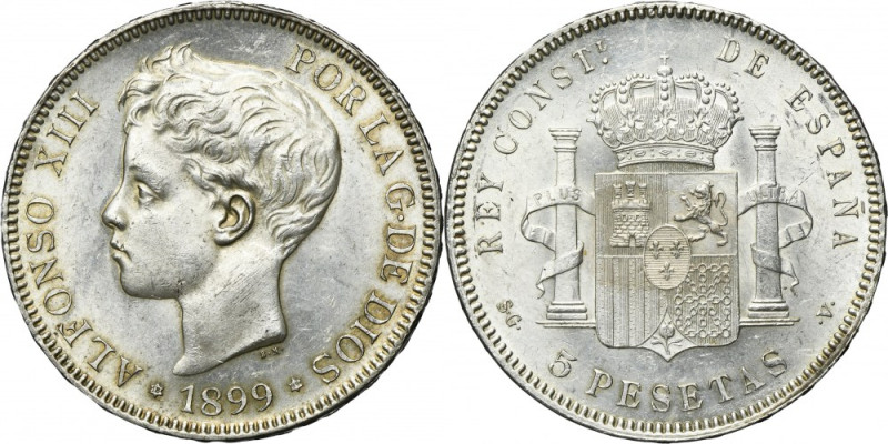 Spain, Alfonso XIII, 5 Pesetas Madrid 1899 Silver '900'. Carthweel effect on bot...