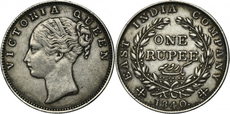 India, British India, Victoria, 1 Rupee Bombay 1840 Variety with 19 berries on t...