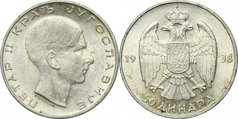 Yugoslavia, Peter II, 50 Dinara Paris 1938 Silver '750'. Carthweel effect on bot...