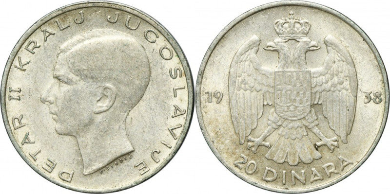 Yugoslavia, Peter II, 20 Dinara Paris 1938 Silver '750'. Srebro próby '750'. Ref...