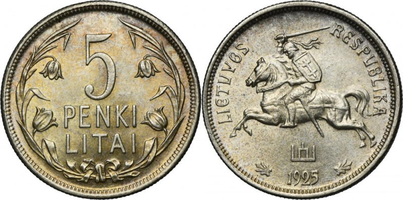 Lithuania, 5 Litai London 1925 Silver '500'. Carthweel effect on both sides. Sre...