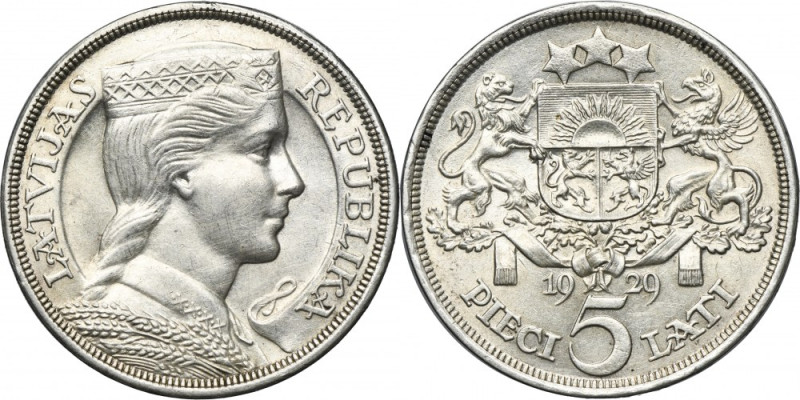 Latvia, Republic of Latvia, 5 Lati 1929 Silver '835'. Srebro próby '835'. Refere...