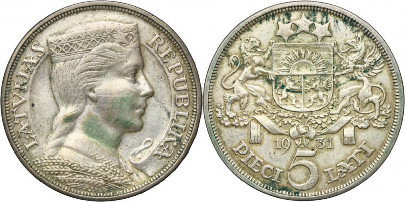 Latvia, Republic of Latvia, 5 Lati 1931 Silver '835'. Srebro próby '835'.
Refer...