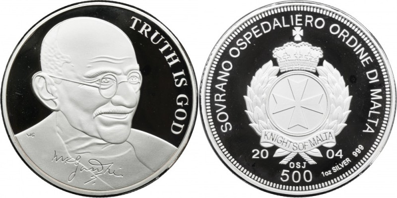 Malta, Order of Malta, 500 Liras Llantrisant 2004 - Mahatma Gandhi 1 OZ silver '...