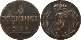 Germany, Principality of Schwarzburg-Rudolstadt, Friedrich Günther, 3 Pfennige Saalfeld 1825