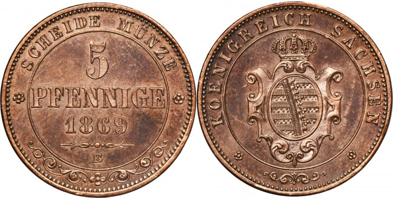 Germany, Kingdom of Saxony, Johann V, 5 Pfennig Dresden 1869 B Variety with lett...