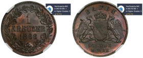Germany, Baden, Friedrich I, 1 Kreuzer Karlsruhe 1866 - NGC MS65 BN MAX - JEDYNY