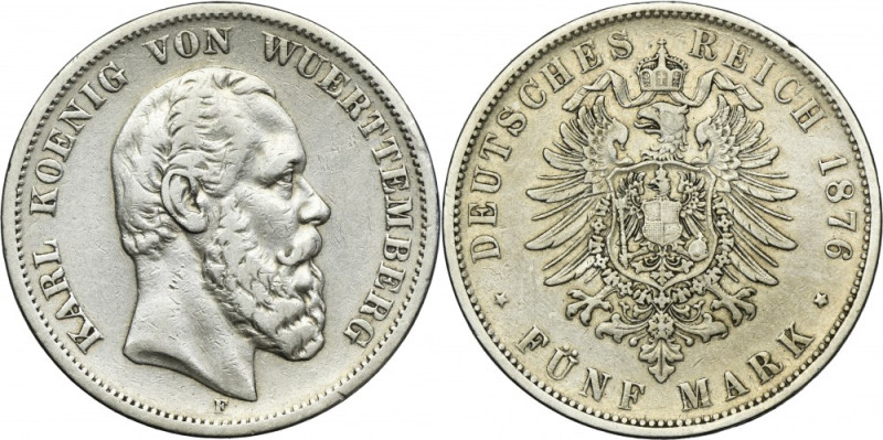 Germany, Kingdom of Württemberg, Karl von Württemberg, 5 Mark Stuttgart 1876 F S...