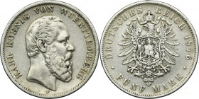 Germany, Kingdom of Württemberg, Karl von Württemberg, 5 Mark Stuttgart 1876 F