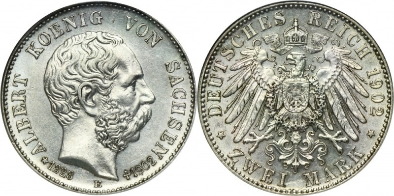 Germany, Kingdom of Saxony, Albert, 2 Posthumous Mark Muldenhütten 1902 E Silver...