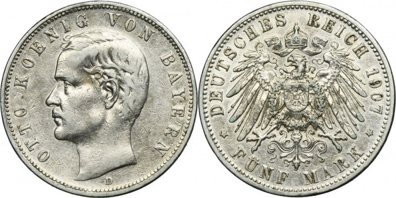 Germany, Kingdom of Bavaria, Otto, 5 Mark Munich 1907 D Silver '900'. Unnatural ...