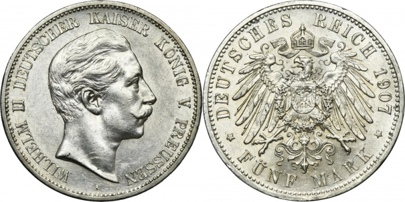 Germany, Prussia Kingdom, Wilhelm II, 5 Mark Berlin 1907 A Silver '900'. Carthwe...