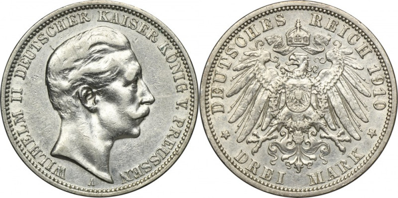 Germany, Kingdom of Prussia, Wilhelm II, 3 Mark Berlin 1910 A Silver '900'. Unna...
