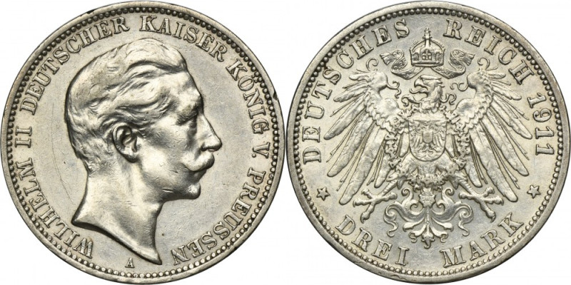 Germany, Kingdom of Prussia, Wilhelm II, 3 Mark Berlin 1911 A Silver '900'. Cart...