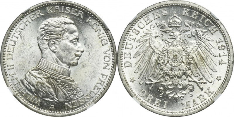 Germany, Kingdom of Prussia, Wilhelm II, 3 Mark Berlin 1914 A - NGC MS61 Bust of...
