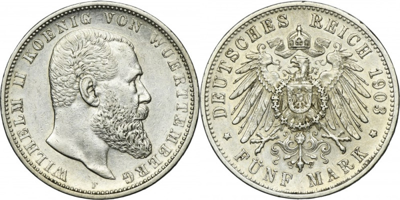 Germany, Kingdom of Württemberg, Wilhelm II, 5 Mark Stuttgart 1903 F Silver '900...
