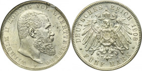 Germany, Kingdom of Württemberg, Wilhelm II, 5 Mark Stuttgart 1908 F