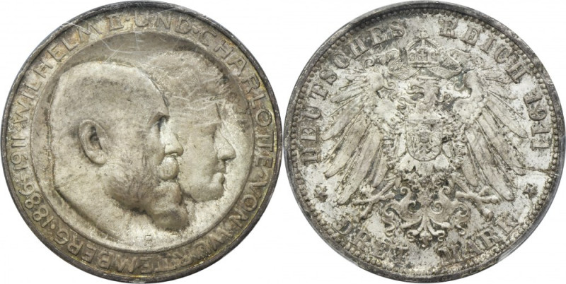 Germany, Kingdom of Württemberg, William II, 3 Mark Stuttgart 1911 F - PCGS MS65...