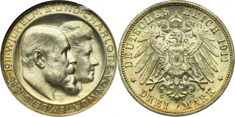 Germany, Kingdom of Württemberg, William II, 3 Mark Stuttgart 1911 F Issue minte...