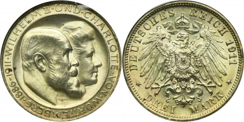 Germany, Kingdom of Württemberg, William II, 3 Mark Stuttgart 1911 F Issue minte...