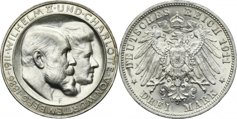 Germany, Kingdom of Württemberg, William II, 3 Mark Stuttgart 1911 F Issue minte...