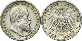 Germany, Kingdom of Württemberg, William II, 3 Mark Stuttgart 1911 F