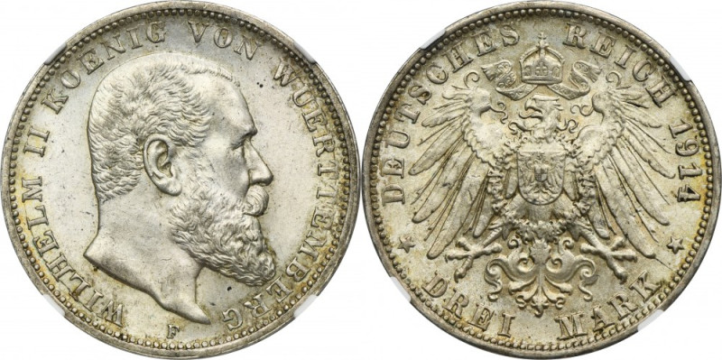 Germany, Kingdom of Württemberg, Wilhelm II, 3 Mark Stuttgart 1914 F - NGC MS62 ...