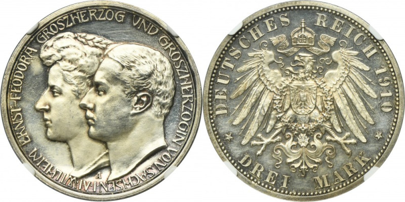 Germany, Saxony-Weimar-Eisenach, Wilhelm Ernst, 3 Mark Berlin 1910 A NGC PF62 Is...
