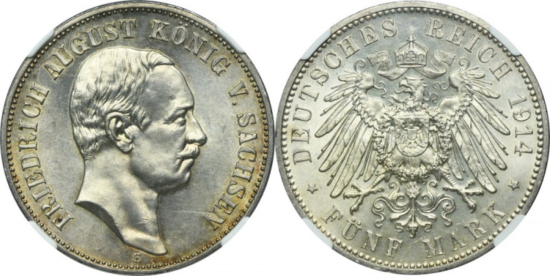 Germany, Kingdom of Saxony, Friedrich August III, 5 Mark Muldenhütten 1914 E - N...