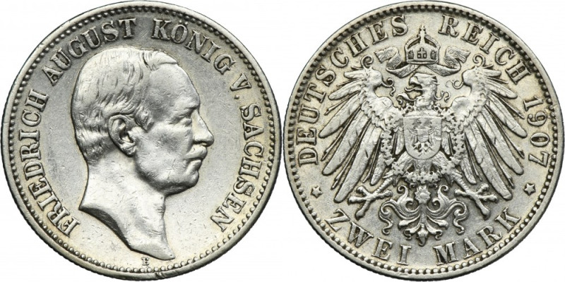 Germany, Kingdom of Saxony, Friedrich August III, 2 Mark Muldenhütten 1907 E Var...