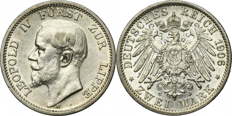 Germany, Principality of Lippe, Leopold IV, 2 Mark Berlin 1906 A - VERY RARE Ver...
