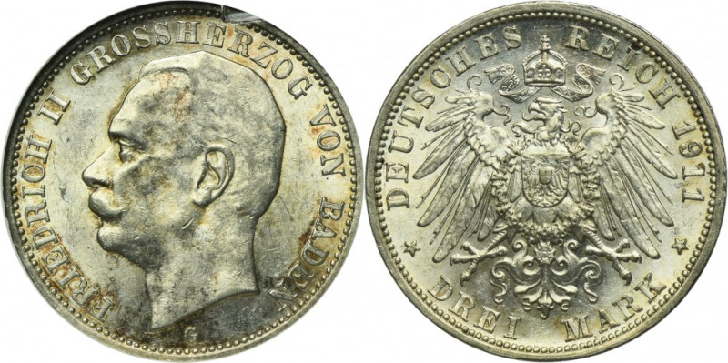 Germany, Grand Duchy of Baden, Friedrich II, 3 Mark Karlsruhe 1911 G Silver '900...