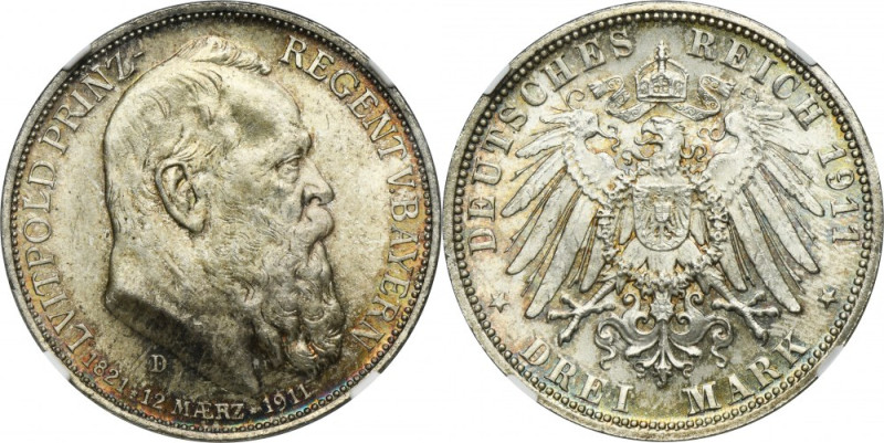 Germany, Bavaria, Regent Luitpold, 3 Mark Munich 1911 D - NGC MS66 Issue minted ...