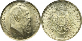 Germany, Bavaria, Regent Luitpold, 3 Mark Munich 1911 D