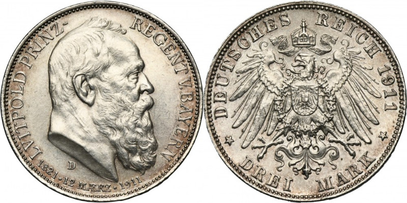 Germany, Bavaria, Regent Luitpold, 3 Mark Munich 1911 D Issue minted for the 90t...