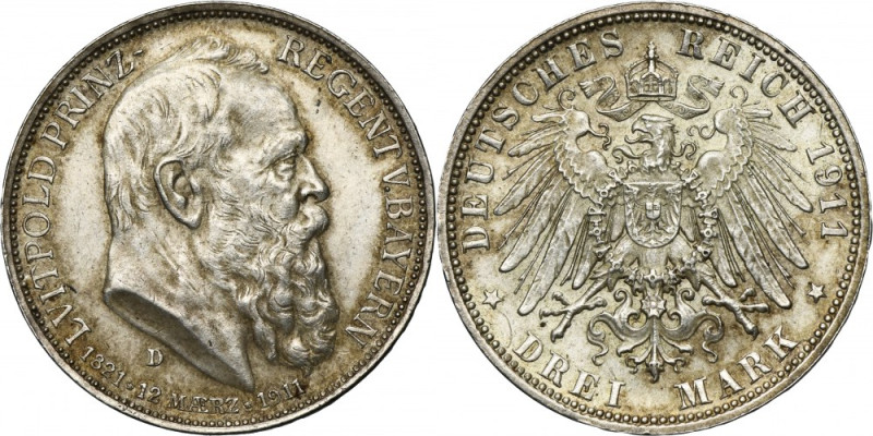 Germany, Bavaria, Regent Luitpold, 3 Mark Munich 1911 D Issue minted for the 90t...