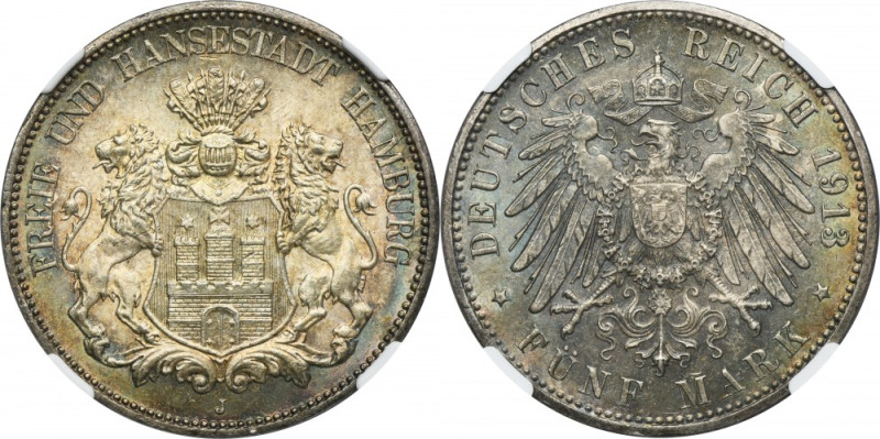 Germany, City of Hamburg, 5 Mark 1913 J - NGC MS66 City issue of Hamburg. Silver...