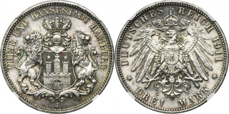 Germany, City of Hamburg, 3 Mark 1911 J - NGC MS63 Municipal issue of Hamburg. S...