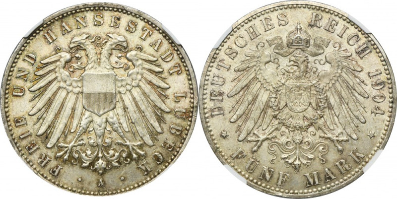 Germany, City of Lübeck, 5 Mark Berlin 1904 - RARE - NGC MS64 Mintage 10.000 pie...