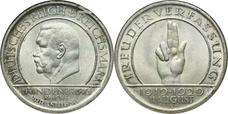 Germany, Weimar Republic, 5 Mark Berlin 1929 A - Weimar Oath Issue minted to com...