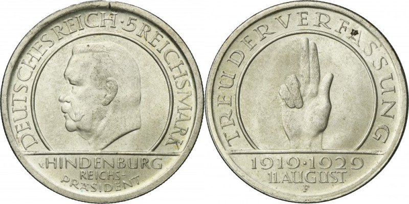 Germany, Weimar Republic, 5 Mark Stuttgart 1929 F - Weimar Oath Issue minted to ...
