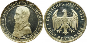 Germany, Weimar Republic, 5 Mark Stuttgart 1927 F - 450 Years of the University of Tübingen