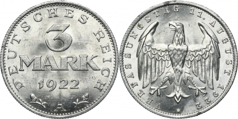 Germany, Weimar Republic, 3 Mark 1922 A - Weimar Constitution Issue minted to ce...