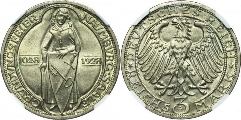 Germany, Weimar Republic, 3 Mark Berlin 1928 A - Naumburg - NGC MS65 Rare issue ...